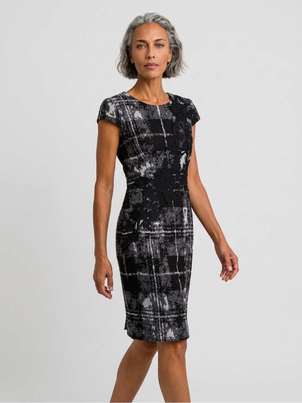 Antonio Melani Fitted Black & Gray Plaid Sheath Dress